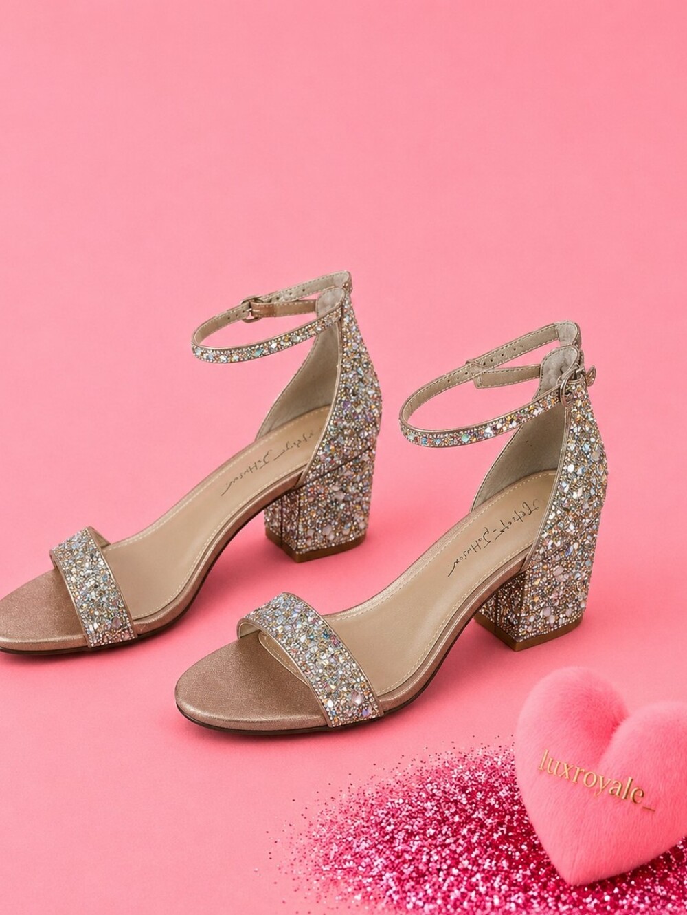 Betsey Johnson Rose Gold Glitter Block Heel Sandals